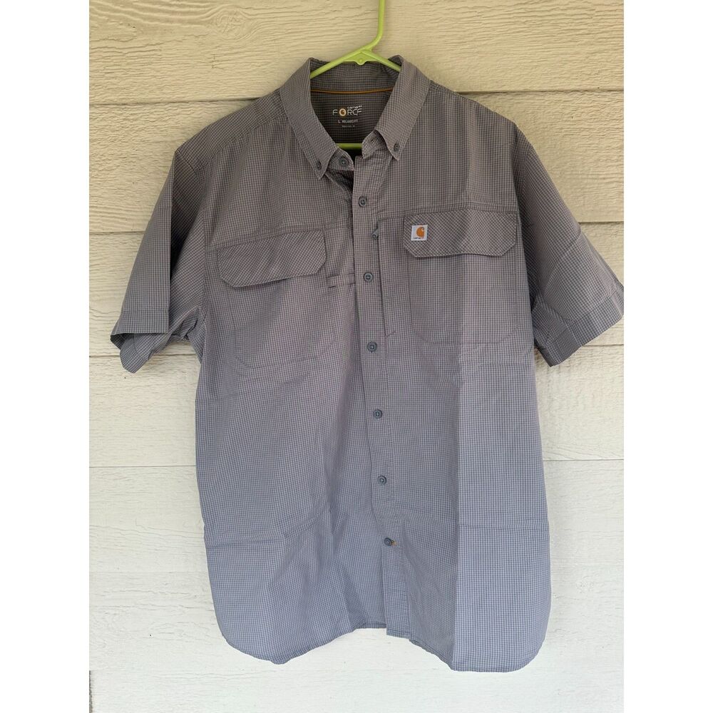 Carhartt Force Mens Gray Gingham Plaid Short Sleeve Work Hiking Shirt Size L